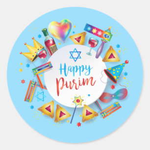 Adesivo Redondo Presentes felizes da cesta de Purim, decoração,