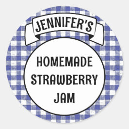 Adesivo Redondo Preserva Jam Jelly Jar Blue Xadrez Gingham Label