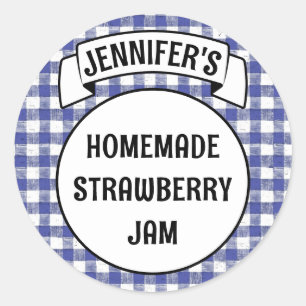 Adesivo Redondo Preserva Jam Jelly Jar Blue Xadrez Gingham Label
