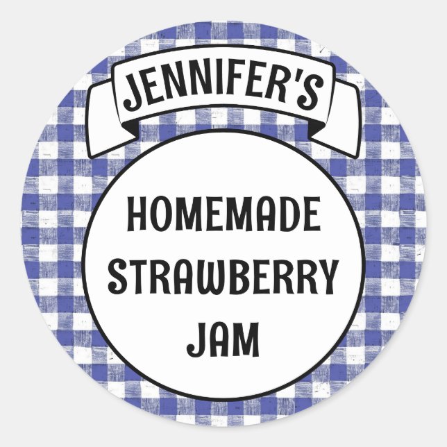 Adesivo Redondo Preserva Jam Jelly Jar Blue Xadrez Gingham Label (Frente)