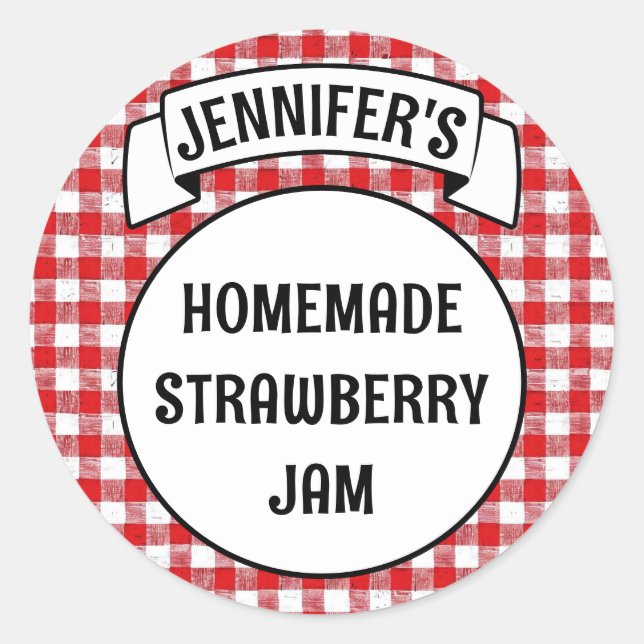 Adesivo Redondo Preserva Jam Jelly Jar Red Xadrez Rótulo Gingham (Frente)