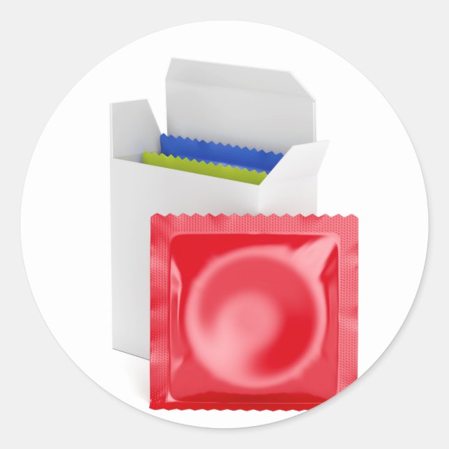 Adesivo Redondo Preservativos sobre fundo branco (Frente)