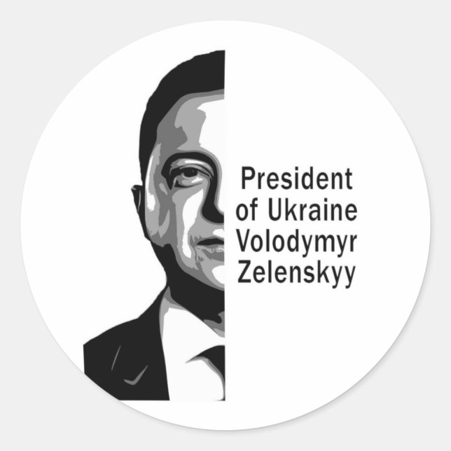 Adesivo Redondo Presidente ucraniano Zelenskyy Half Retrato B&W Ar (Frente)