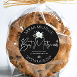 Adesivo Redondo Preto Bat Mitzvah Silver Script Floral Watercolor<br><div class="desc">Tenha orgulho, alegria e comemore este marco do seu Bat Mitzvah favorito sempre que você usa este adesivo sofisticado e personalizado! Uma aquarela floral brilhante, branca e falso cor prateada, falso roteiro prateado escrito à mão e Estrela de David, assim como a tipografia serif branca sobrepõem-se a um fundo negro...</div>