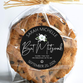 Adesivo Redondo Preto Bat Mitzvah Silver Script Floral Watercolor