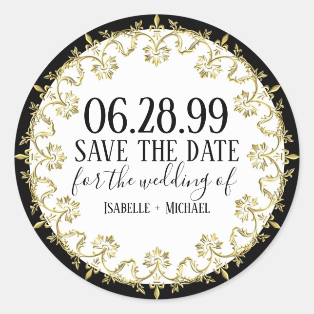 Adesivo Redondo Preto, Branco e OuroElegante Guarde a Data (Frente)