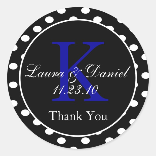 Adesivo Redondo Preto-Cinto Branco Bolinhas Azul, Favor do Monogra (Frente)