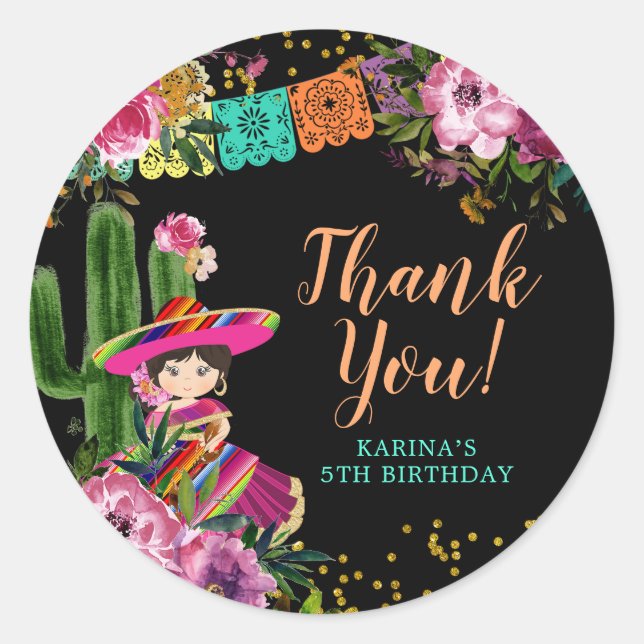 Adesivo Redondo Preto Colorido Fiesta Floral Aniversário Obrigado (Frente)