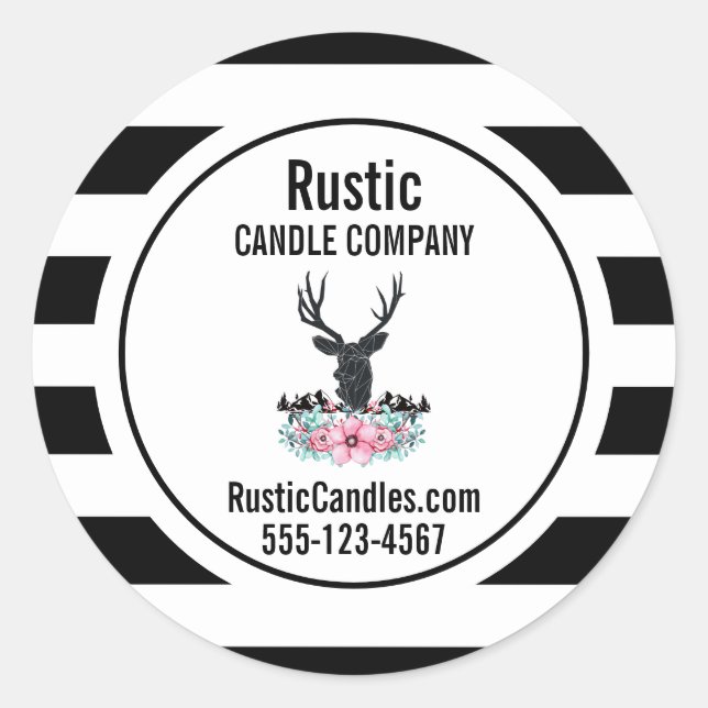 Adesivo Redondo Preto Deer Head com Flores e Montanhas (Frente)