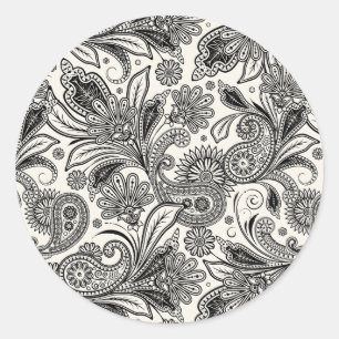 Adesivo Redondo Preto e branco paisley
