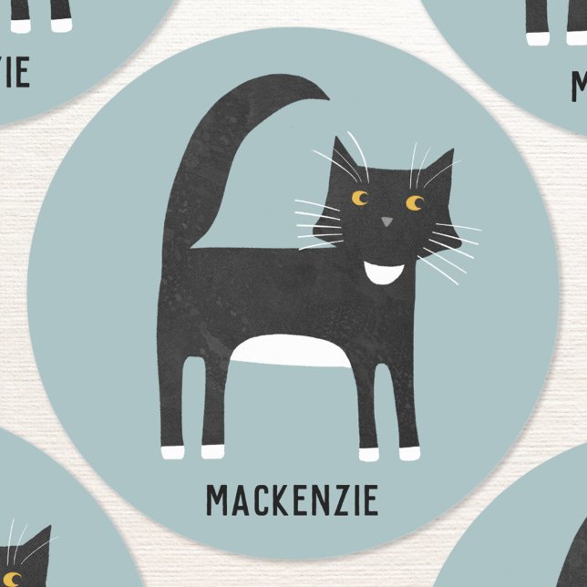 Adesivo Redondo Preto e Branco Personalizado (Fun black and white tuxedo cat personalized custom name sticker)