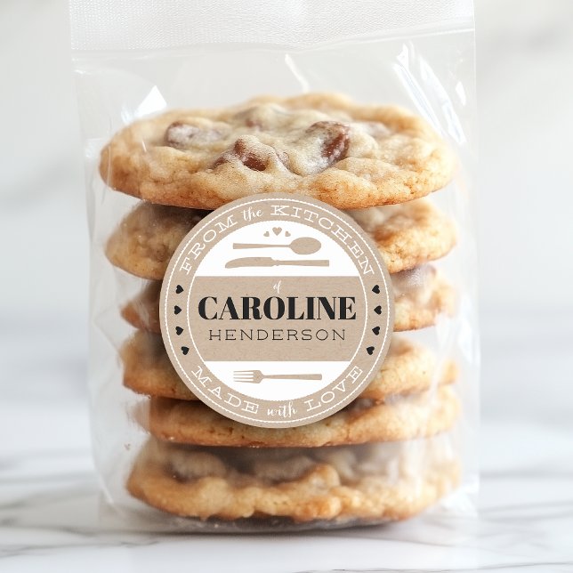 Adesivo Redondo Preto e Branco sobre Bege Presente de Comida Feito (Criador carregado)