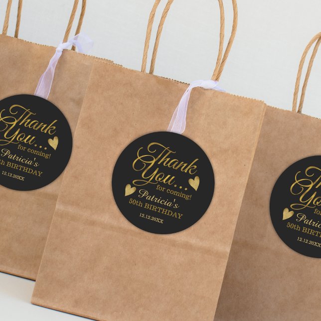 Adesivo Redondo Preto e Dourado 50º Aniversário Obrigado (Black And Gold 50th Birthday Thank You Classic Round Sticker Party favor stickers)