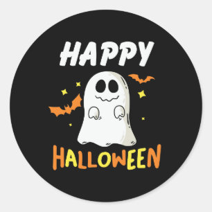 Adesivo Redondo Preto e Laranja com Fantasma Feliz Halloween