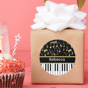 Adesivo Redondo Preto e ouro das notas musicais e das chaves do