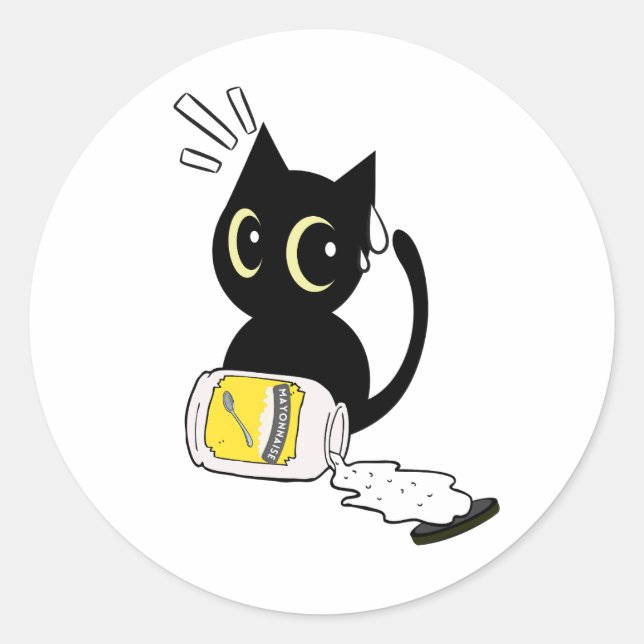 Adesivo Redondo Preto Engraçado Gato derramado maionese (Frente)