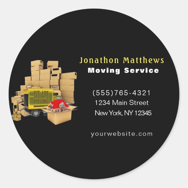 Adesivo Redondo Preto Estamos Movendo Caixas Embalando Serviço da  (Frente)