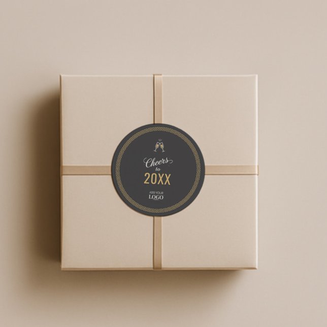 Adesivo Redondo Preto Moderno e Feliz ano novo Dourado Meander Gre (Criador carregado)