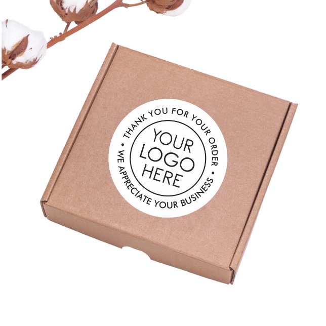 Adesivo Redondo Preto personalizado e branco Obrigado Autocolante  (Custom Black and White Thank You Sticker with Logo)