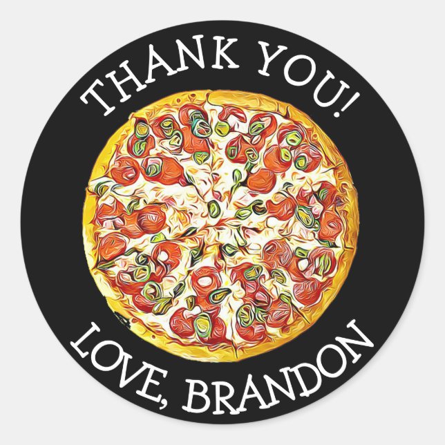 Adesivo Redondo Preto Personalizado Obrigado Pizza Party Stickers (Frente)