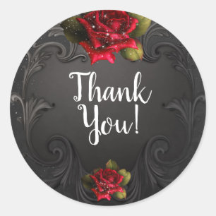 Adesivo Redondo Preto Vintage Rosas vermelhas Ornamentais Favor do