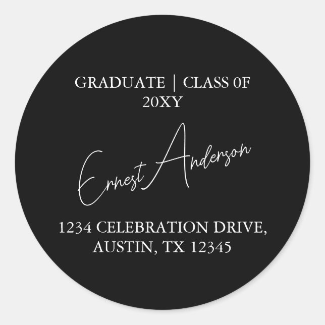 Adesivo Redondo Preto White Modern Graduação Retorno Endereço Selo (Frente)