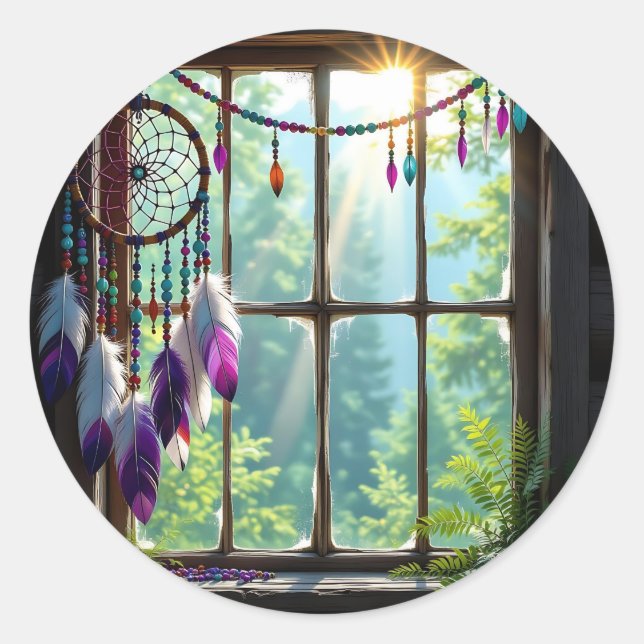 Adesivo Redondo Pretty Boho Purple Dreamcatcher in Window   (Frente)