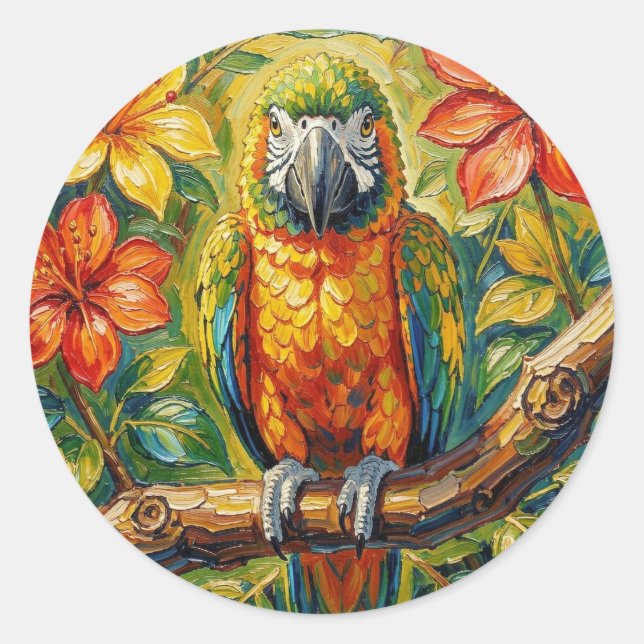 Adesivo Redondo Pretty Colorful Impasto Parrot and Tropical Flower (Frente)