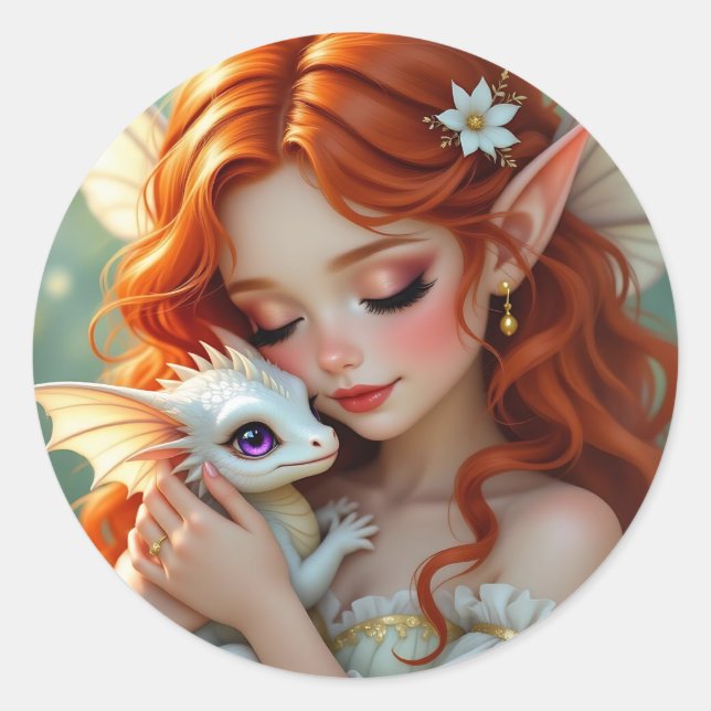 Adesivo Redondo Pretty Red Haired Fairy with Dragon  (Frente)