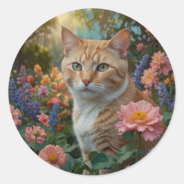 Adesivo Redondo Pretty white orange cat in floral garden