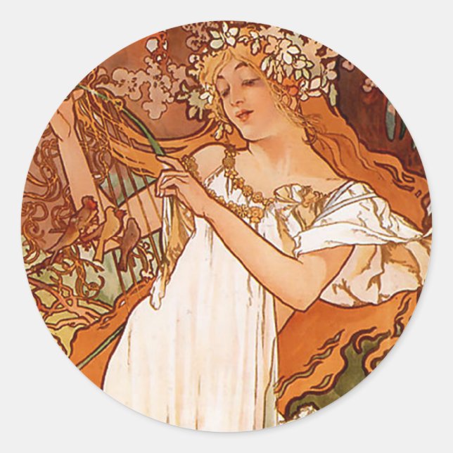 Adesivo Redondo Primavera - Alphonse Mucha Art Nouveau (Frente)