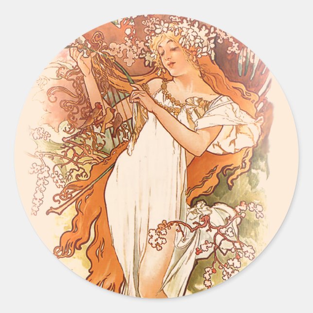 Adesivo Redondo Primavera - Alphonse Mucha Art Nouveau (Frente)