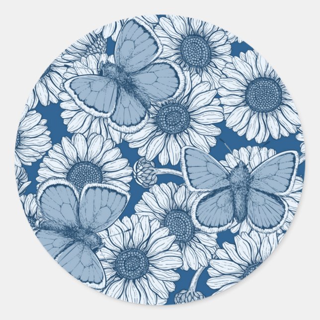 Adesivo Redondo Primavera azul, flores silvestres, margaridas (Frente)