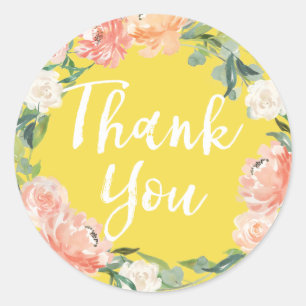 Adesivo Redondo Primavera Blush Watercolor Floral Amarelo Obrigado