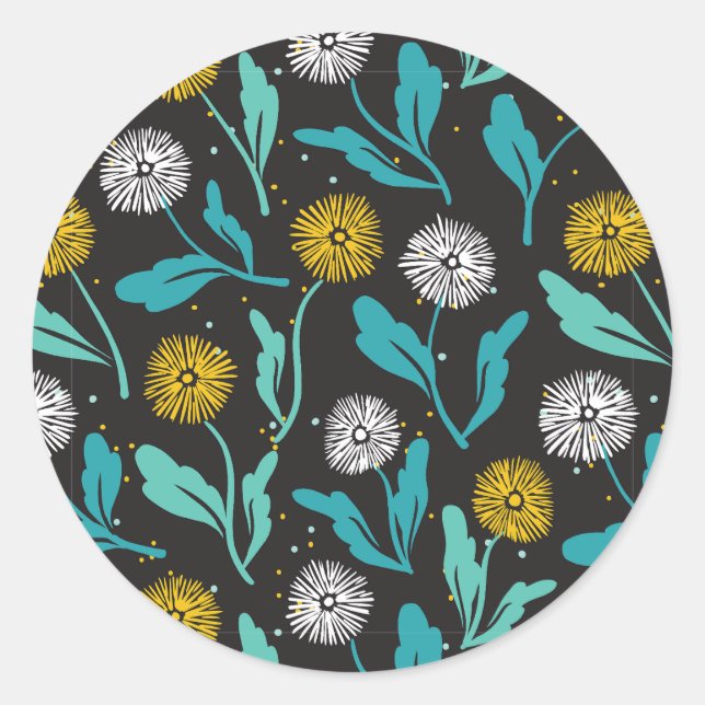 Adesivo Redondo Primavera Dandelion Flores e Folhas Design (Frente)