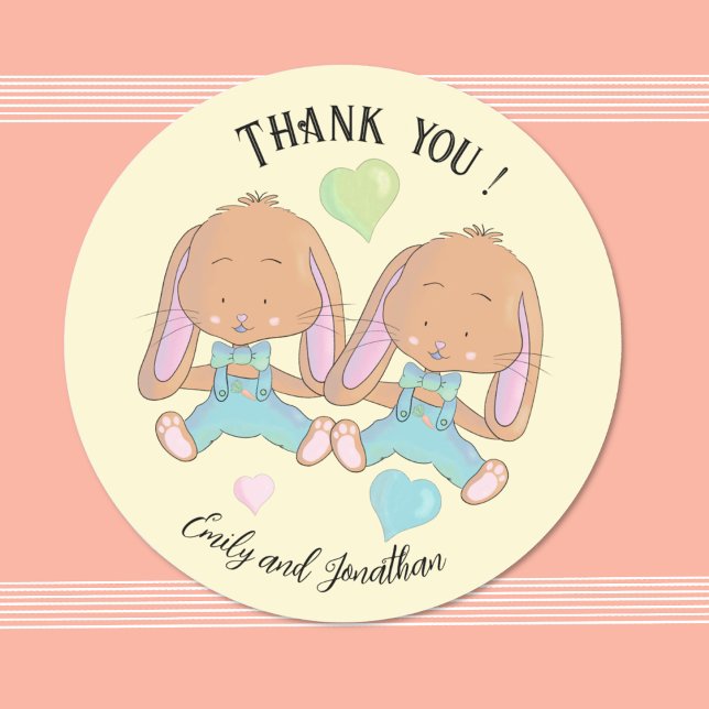Adesivo Redondo Primavera de Bunnies Gêmeos Obrigado Sticker Amare (Watercolor twin bunnies spring baby shower thank you sticker .
)