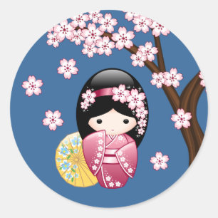 Adesivo Redondo Primavera Kokeshi Doll - Gisha japonesa giro em az