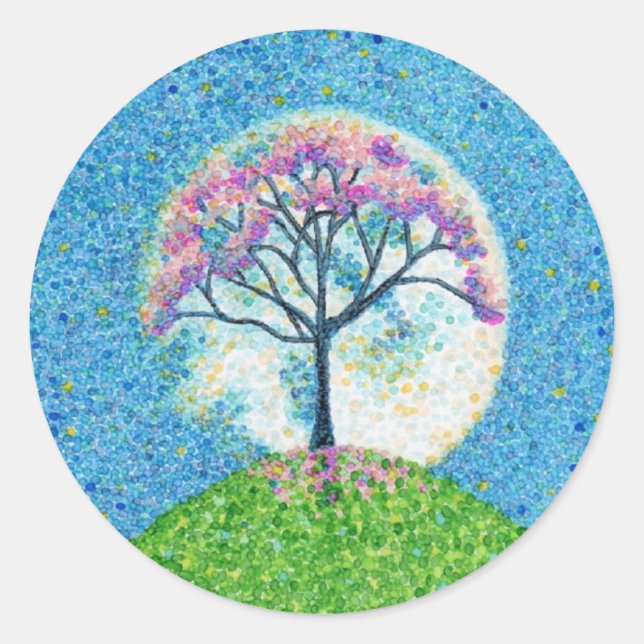 Adesivo Redondo Primavera Pointillism Tree Moon (Frente)