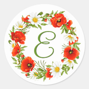 Adesivo Redondo Primavera Poppies Daisies Monograma Wreath