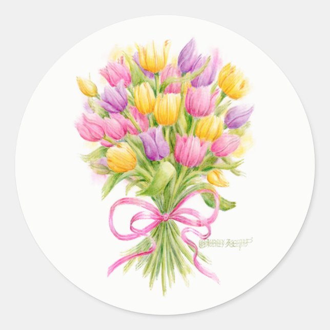 Adesivo Redondo Primavera Tulip Buquê Stickers (Frente)