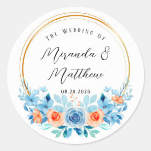 Adesivo Redondo Primavera Watercolor Blue Orange Florals Dourado C