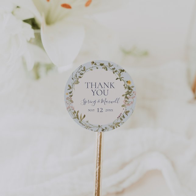 Adesivo Redondo Primavera Wildflower | Blue Obrigado Favor Sticker (Criador carregado)