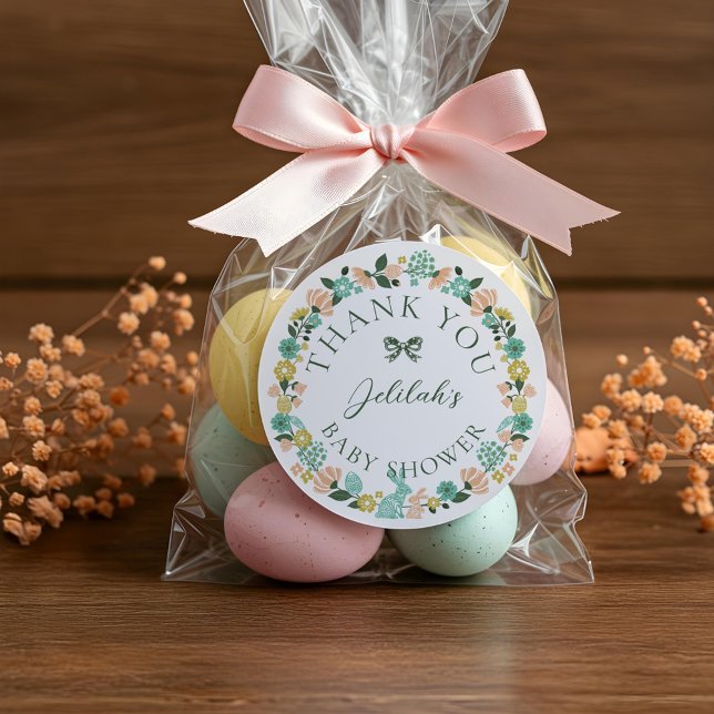 Adesivo Redondo Primavera Wildflower Easter Chá de fraldas (Spring Wildflower Easter Bunny Baby Shower Bow Classic Round Sticker)