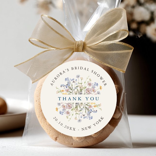 Adesivo Redondo Primavera Wildflower Meadow Chá de panela obrigado (Spring Wildflower Meadow Bridal shower thank you Classic Round Sticker)