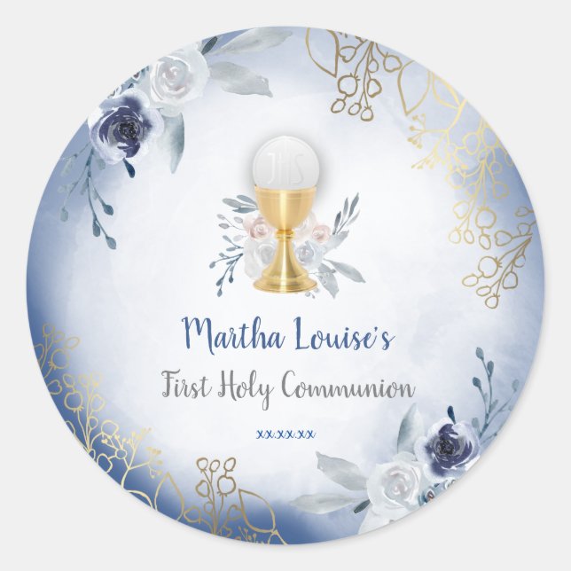 Adesivo Redondo primeira comuna de flores azuis (Frente)