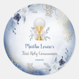 Adesivo Redondo primeira comuna de flores azuis