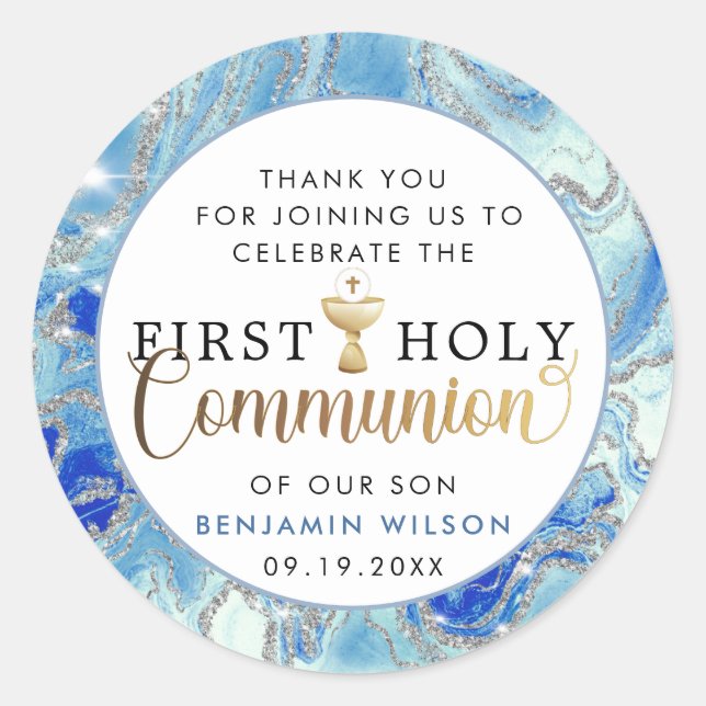 Adesivo Redondo Primeira Comunhão Dourada e Azul - Obrigado Classe (Frente)