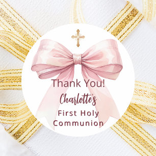 Adesivo Redondo Primeira Comunhão laço rosa menina cruz obrigado
