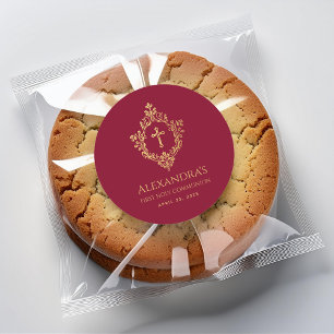 Adesivo Redondo Primeira Comunhão Menina Burgundy Dourado Brasão R