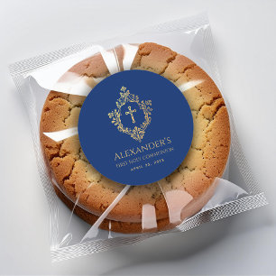 Adesivo Redondo Primeira Comunhão Menino Azul Real Dourado Brasão 